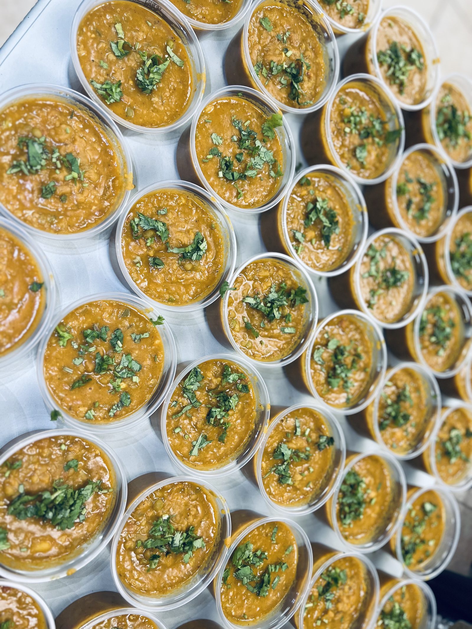 Portioned curry cups, garnished